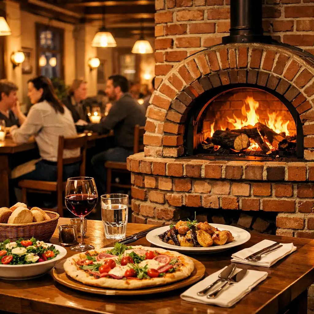 Fatüzelésű téglás kemence és közeli étkezőasztalok a Brick Oven Place vendégterében