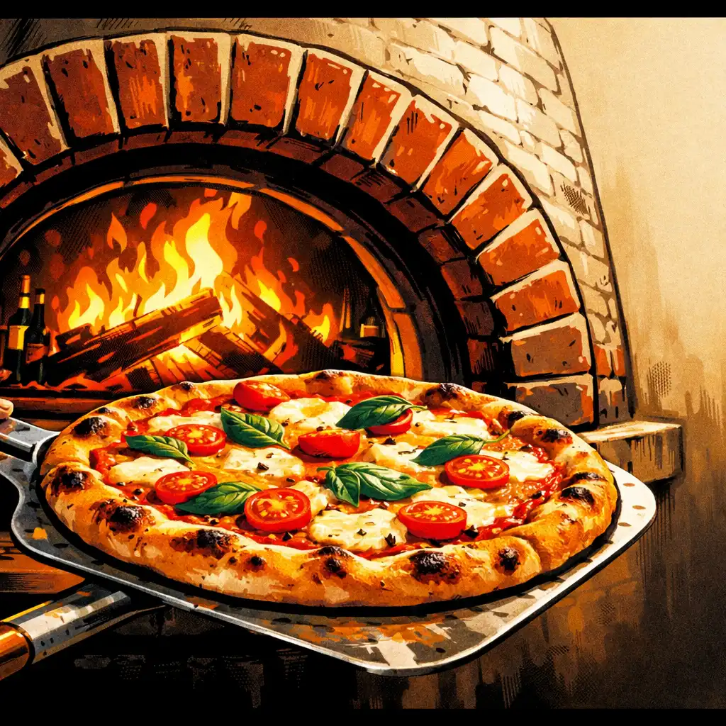 Frissen sült pizza kerül ki egy fatüzelésű téglakemencéből