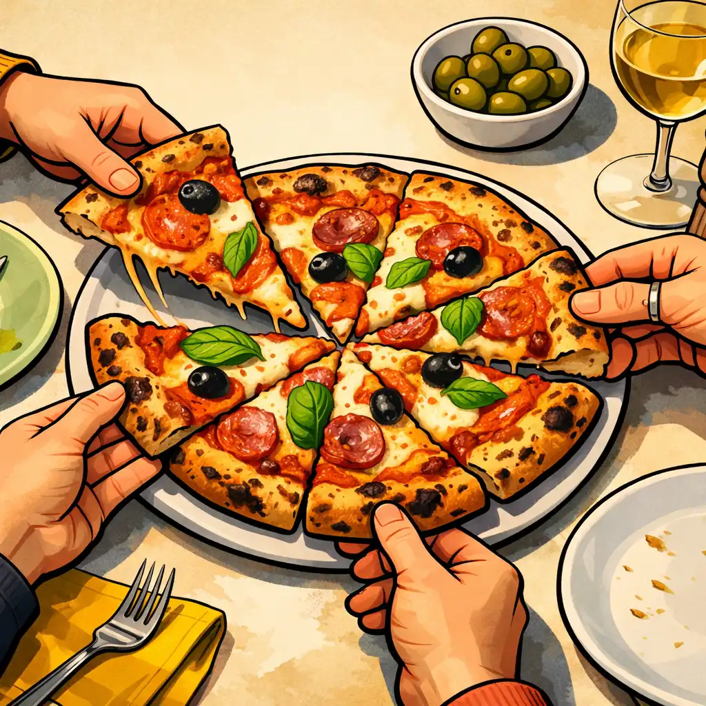 Frissen szeletelt kemencés pizza egy közös éttermi asztalon